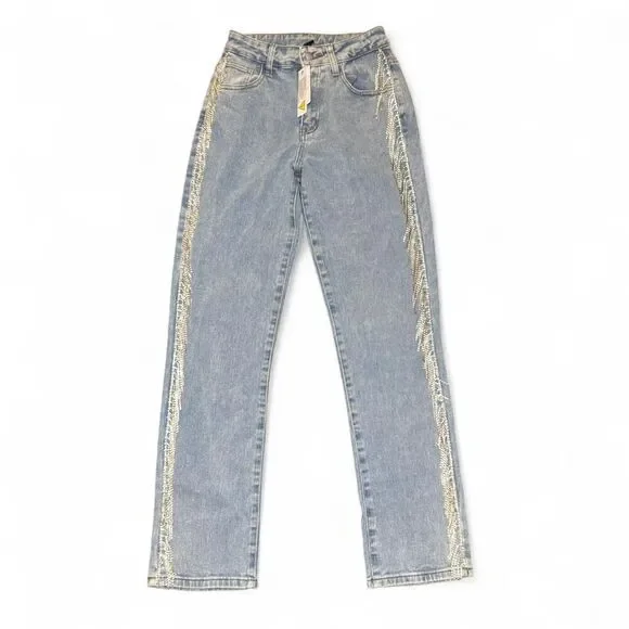 Windsor She Glistens High-Rise Rhinestone Side Fringe Denim Jeans Size 1 - Picture 2 of 7